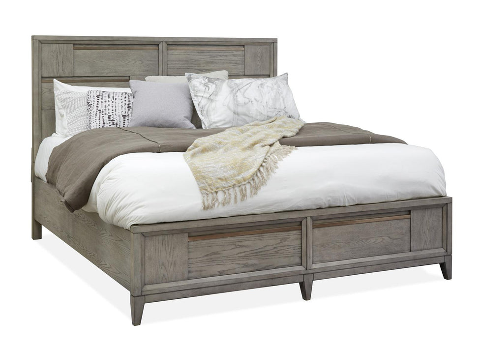 Magnussen Furniture Atelier Queen Panel Storage Bed in Nouveau Grey, Palladium Metal