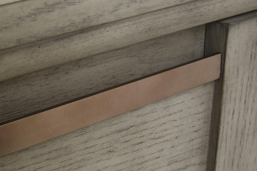 Magnussen Furniture Atelier Queen Panel Storage Bed in Nouveau Grey, Palladium Metal