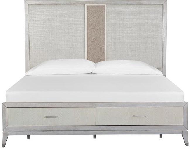 Magnussen Furniture Lenox Cal King Storage Bed with Upholstered PU Fretwork Headboard in Acadia White