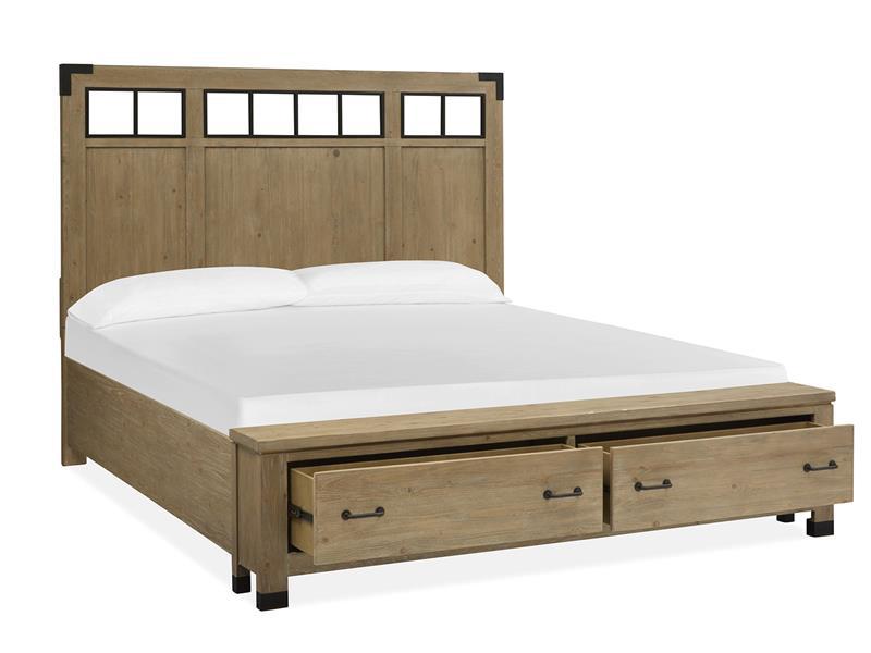 Magnussen Furniture Madison Heights Queen Panel Storage Bed with Metal/Wood in Weathered Fawn