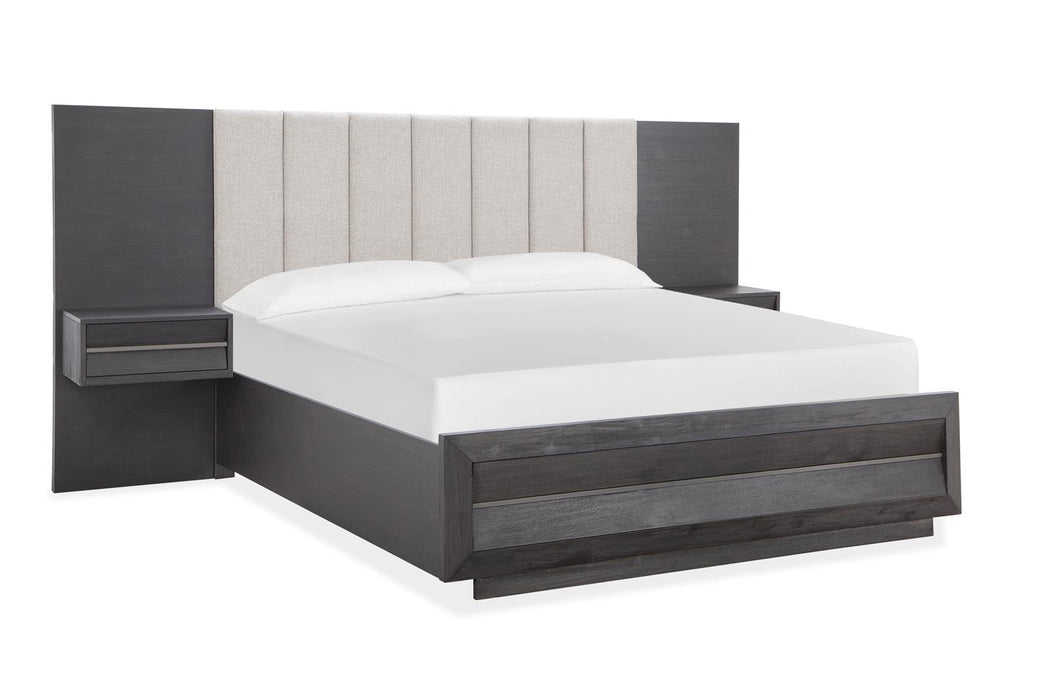 Magnussen Furniture Wentworth Village California King Wall Upholstered Bed with Storage Footboard in Sandblasted Oxford Black