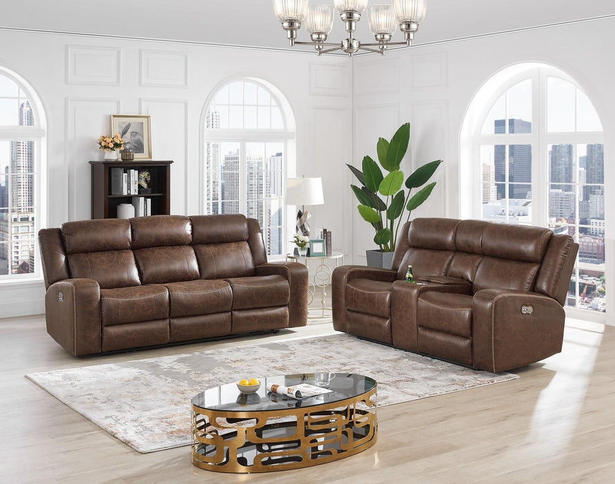 New Classic Furniture Atticus Dual Recliner Sofa with Power Footrest in Mocha